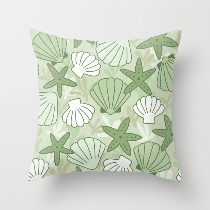 Summer Seashell Pattern (green) Throw Pillow
