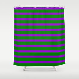 [ Thumbnail: Green & Dark Violet Colored Lined Pattern Shower Curtain ]
