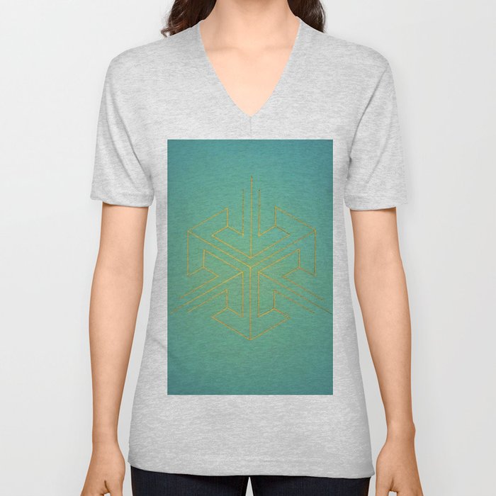 blue green gold pattern V Neck T Shirt