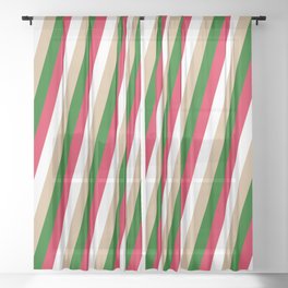 [ Thumbnail: Tan, Dark Green, Crimson, and White Colored Striped Pattern Sheer Curtain ]