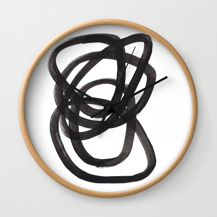 Black And White Minimalist Mid Century Abstract Ink Art Circle Swirls Black Circles Minimal Wall Clock