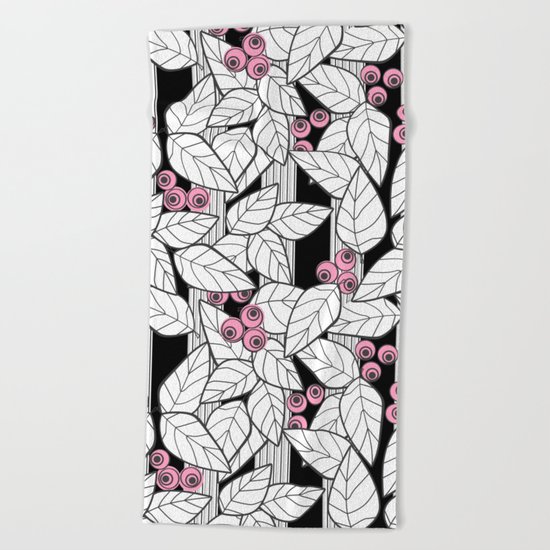 Pink berries on black and white striped background . Beach Towel