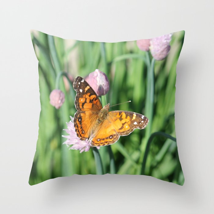 Orange Butterfly on Chives Throw Pillow