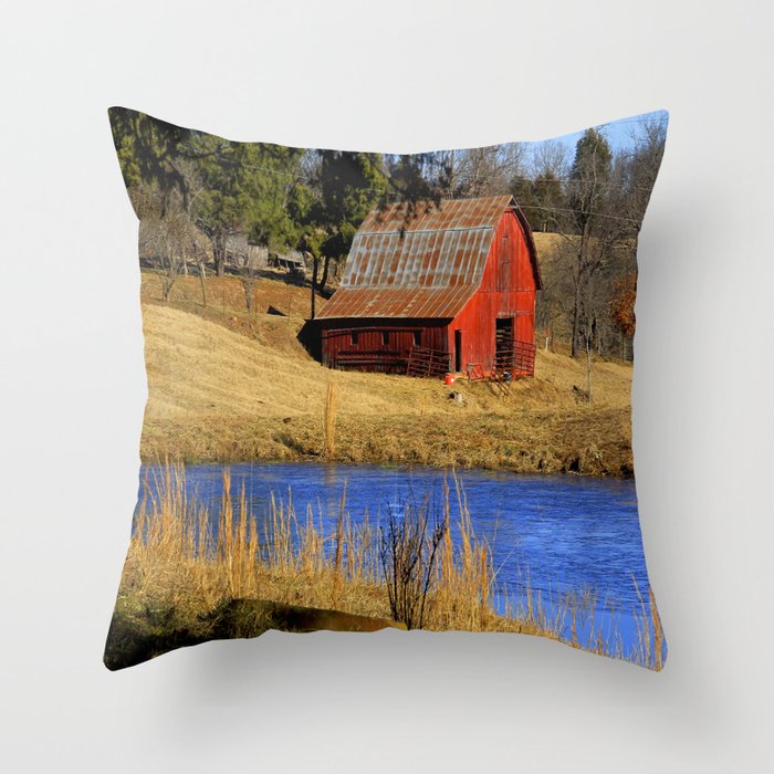 Country Red Barn, and Cobalt Blue Water Throw Pillow