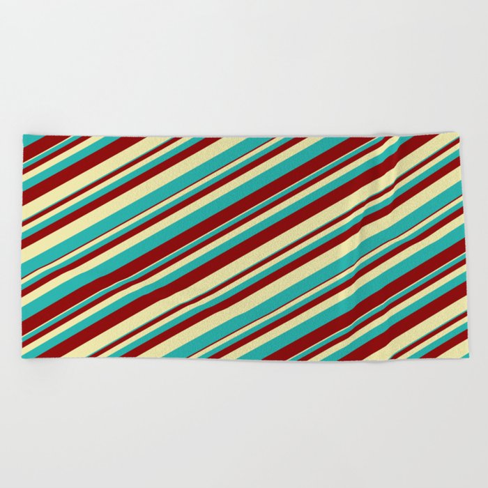 Pale Goldenrod, Light Sea Green, and Dark Red Colored Striped Pattern Beach Towel