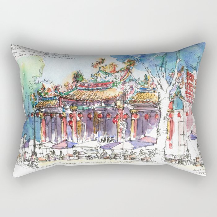 A famous temple and it traditional market in Taipei Rectangular Pillow