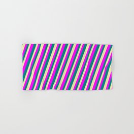 [ Thumbnail: Pale Goldenrod, Fuchsia, and Teal Colored Striped Pattern Hand & Bath Towel ]