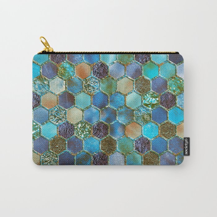 Blue & green metal glitter geometric hexagonal honeycomb pattern Carry-All Pouch