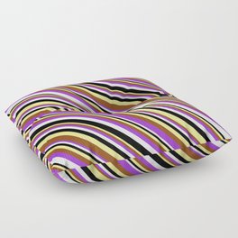 [ Thumbnail: Vibrant Tan, Brown, Dark Orchid, White & Black Colored Lines Pattern Floor Pillow ]