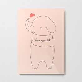 Love Yourself Ele 2 Metal Print | Drawing, Digital, Typography, Cute, Minimalist, Elephant, Quote, Loveyourself, Concept, Minimalism 
