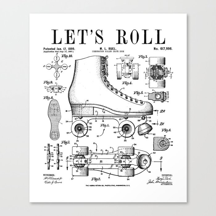 Let's Roll Roller Derby Skating Skater Skate Vintage Patent Canvas Print