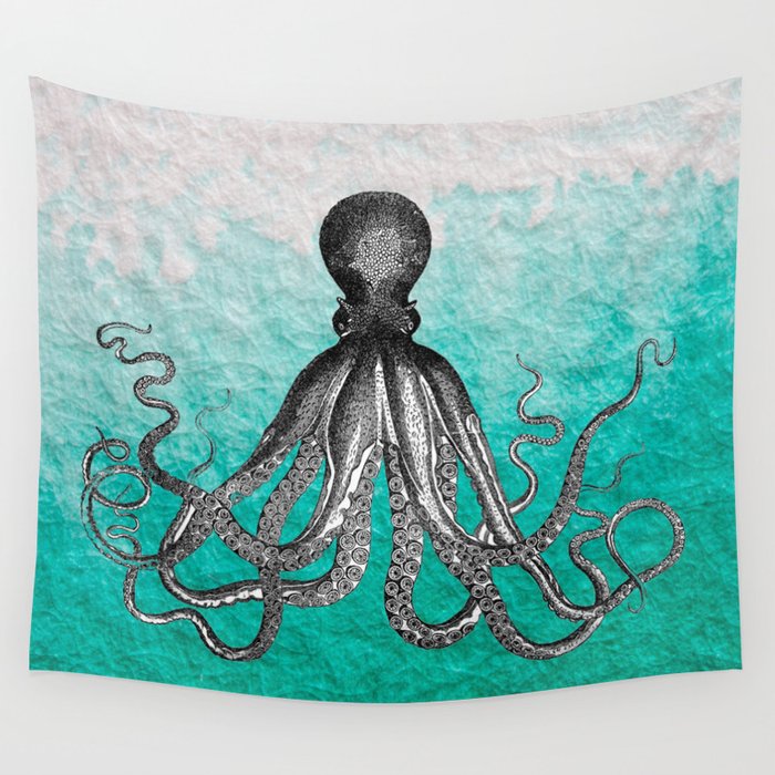 Antique Nautical Steampunk Octopus Vintage Kraken Sea Monster Ombre Turquoise Blue Pastel Watercolor Wall Tapestry By Igalaxy Society6