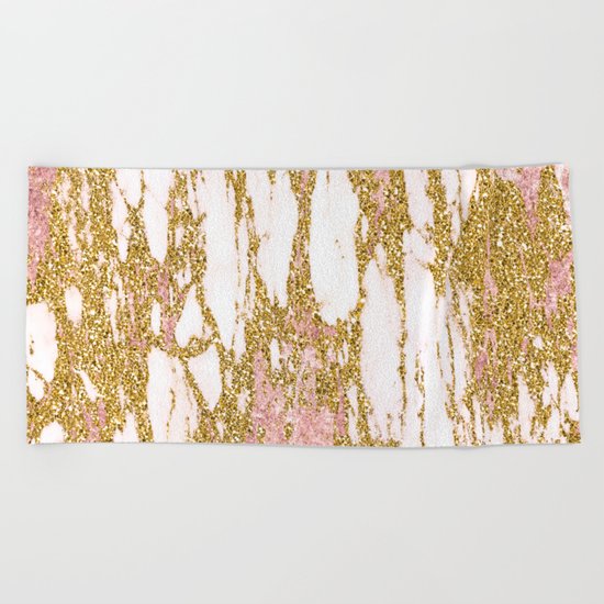 Gold Marble - Intense Glittery Yellow and Rose Gold Marble Beach Towel