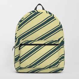 [ Thumbnail: Pale Goldenrod & Dark Slate Gray Colored Lined Pattern Backpack ]