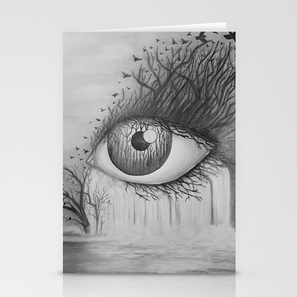 Eye With Waterfall Pencil Drawing Stationery Cards By Redchanteuse