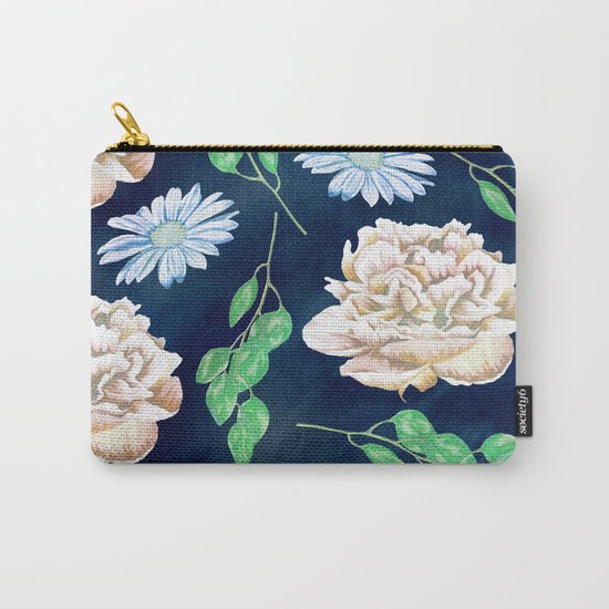 Rose Garden Navy Blue Antique Floral Pattern Carry-All Pouch