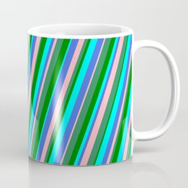 [ Thumbnail: Eye-catching Cyan, Royal Blue, Light Pink, Sea Green & Green Colored Striped Pattern Coffee Mug ]