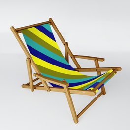 [ Thumbnail: Yellow, Green, Light Sea Green, and Blue Colored Striped Pattern Sling Chair ]