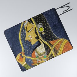 Bani Thani female portrait painting in traditional Rajasthani, the Mona Lisa of India by Nihal Chand Picnic Blanket
