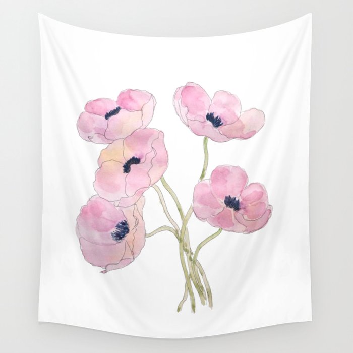 pink anemone  flowers watercolor and ink  Wall Tapestry