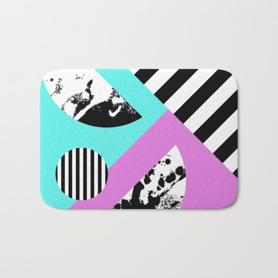 Stripes And Splats 2 - Random, Crazy, Abstract, Geometric, Black And White, Cyan, Pink Artwork Bath Mat