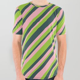 [ Thumbnail: Light Pink, Green & Dark Slate Gray Colored Striped/Lined Pattern All Over Graphic Tee ]