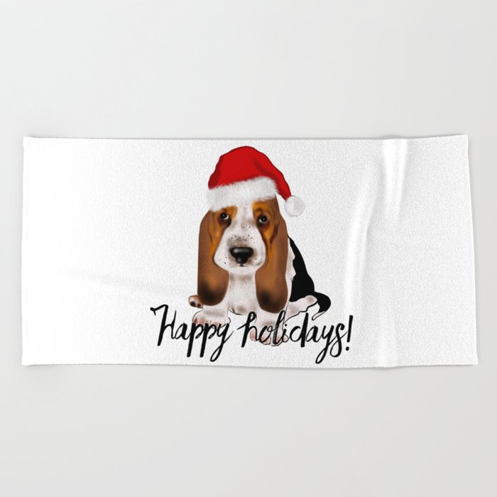 Cute Santa basset hound dog.Christmas puppy gift idea Beach Towel