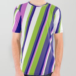 [ Thumbnail: Colorful Green, Dark Slate Blue, Blue, Orchid, and White Colored Stripes Pattern All Over Graphic Tee ]