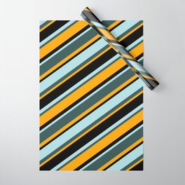 [ Thumbnail: Powder Blue, Dark Slate Gray, Orange & Black Colored Lined/Striped Pattern Wrapping Paper ]