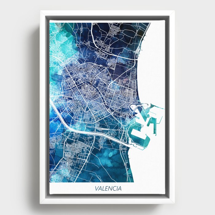 Valencia Spain Map Navy Blue Turquoise Watercolor Framed Canvas