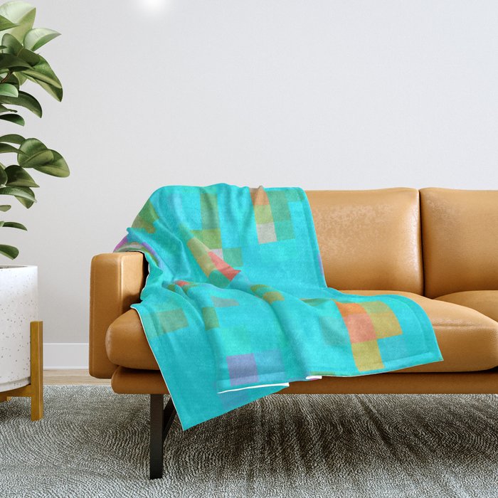 geometric pixel square pattern abstract background in green blue orange Throw Blanket