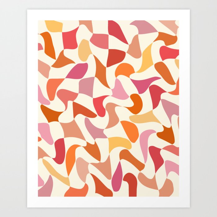 Abstract Wavy Checkerboard in Orange, Pink & Yellow Art Print
