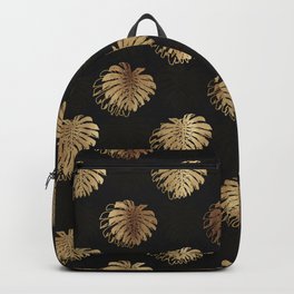 Tropical Gold Monstera Leaf Black Design Backpack