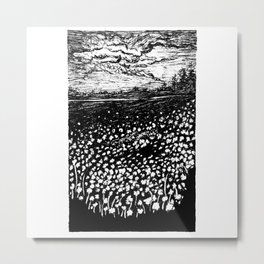 Flower Fields Metal Print | Black And White, Drawing, Landscape, Ink Pen, Flowers, Black and White 