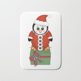 Santa Penguin with a Gift Bath Mat | Green, Santa, Cute Penguin, Graphicdesign, Christmas Gift, Gift For Her, Present, Winter Holiday, Red, Penguin 