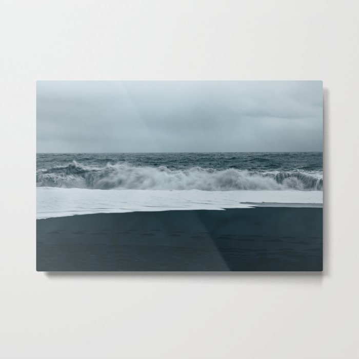Stormy sky and sea waves - black sand beach Iceland photo print | moody travel and nature photography art Metal Print