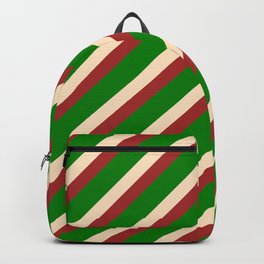 [ Thumbnail: Brown, Green & Bisque Colored Stripes Pattern Backpack ]