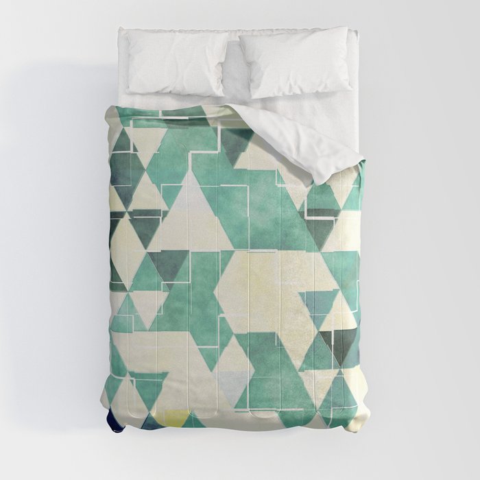 Abstract Green Triangles, Watercolor Pattern Comforter