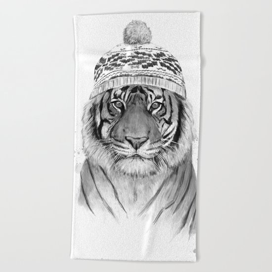 Siberian tiger (b&w) Beach Towel
