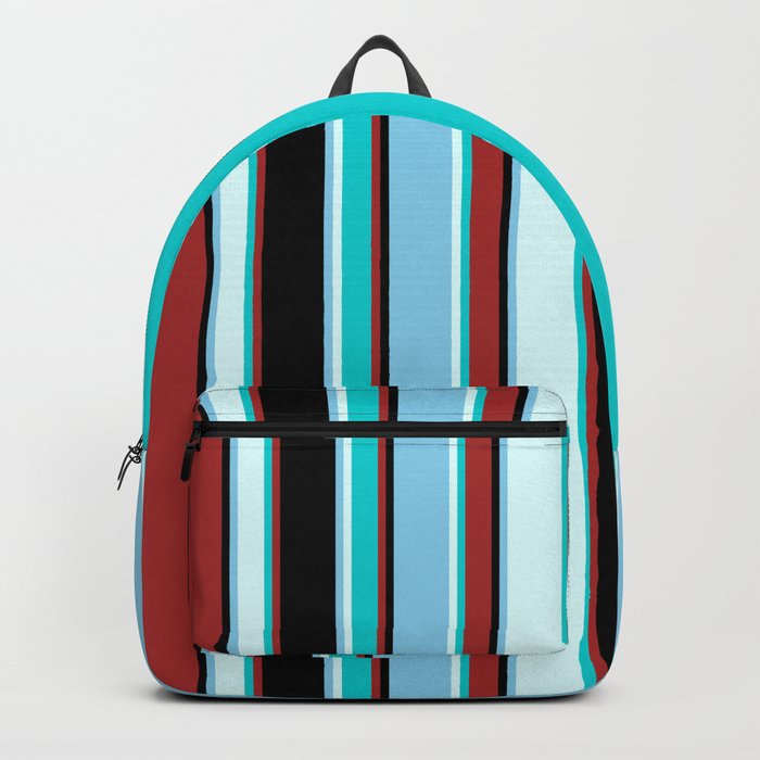 Brown, Dark Turquoise, Light Cyan, Sky Blue, and Black Colored Lines/Stripes Pattern Backpack