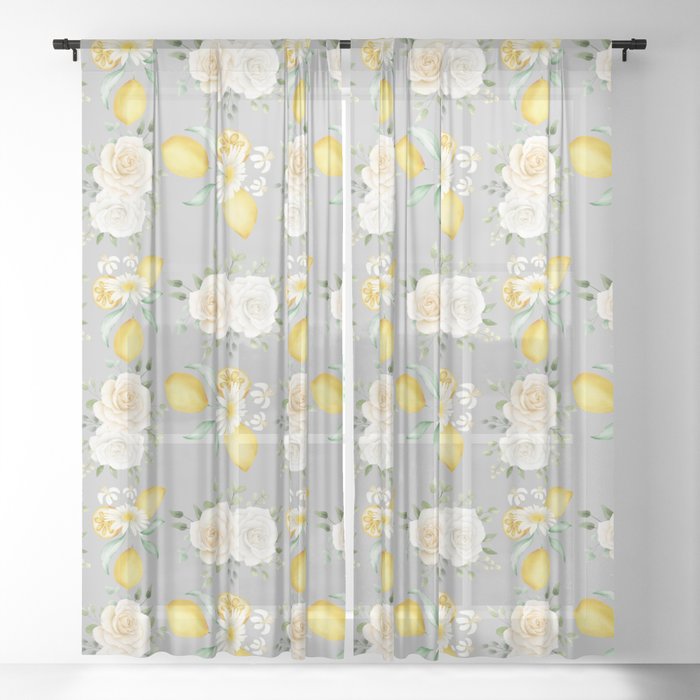 Lemons and White Flowers Pattern On Light Grey Background Sheer Curtain