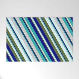 [ Thumbnail: Blue, Light Sea Green, Light Gray, Light Cyan & Dark Olive Green Colored Pattern of Stripes Welcome Mat ]