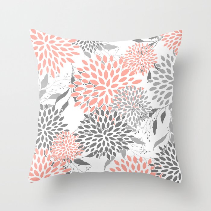 Festive Floral Prints Leaves and Blooms Coral and Gray Throw