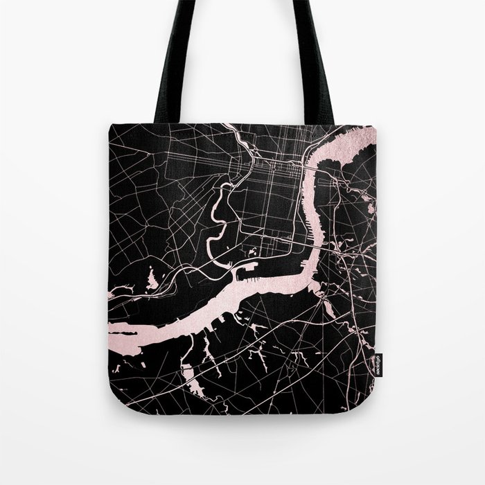 black and rose gold handbag