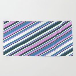 [ Thumbnail: Blue, Plum, Dark Slate Gray, and Mint Cream Colored Lined/Striped Pattern Beach Towel ]