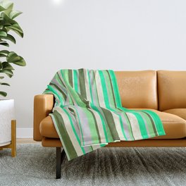 [ Thumbnail: Vibrant Green, Light Grey, Light Green, Dark Olive Green, and Beige Colored Stripes/Lines Pattern Throw Blanket ]
