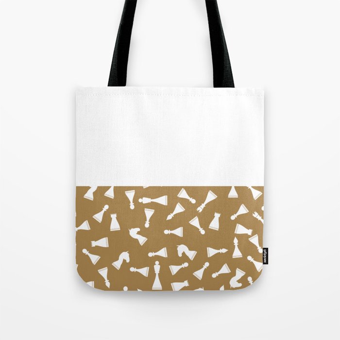 White Chess Pieces on Gold Brown and White Horizontal Split Tote Bag