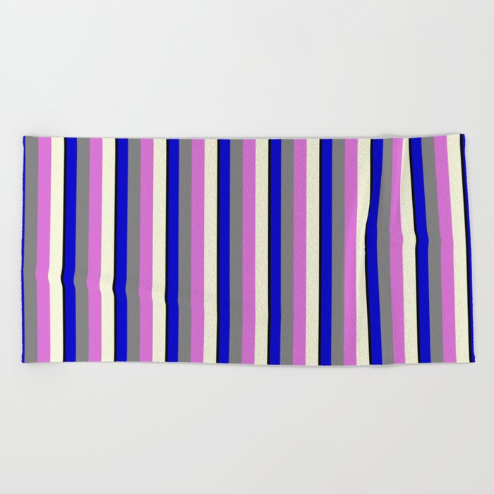 Vibrant Black, Blue, Grey, Orchid, and Beige Colored Striped/Lined Pattern Beach Towel