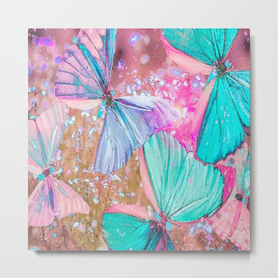 Turquoise butterflies on a pink background - lovely summer mood Metal Print