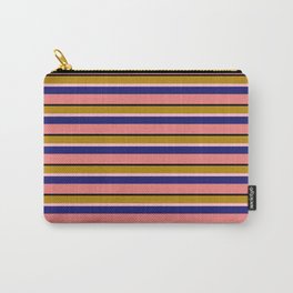 [ Thumbnail: Eye-catching Dark Goldenrod, Pink, Midnight Blue, Light Coral & Black Colored Stripes/Lines Pattern Carry-All Pouch ]